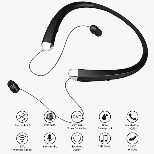 Bluetooth hörlurar, trådlöst halsbandsheadset med automatiskt infällbara hörlurar, svettsäkra sportstereohörlurar med mikrofon