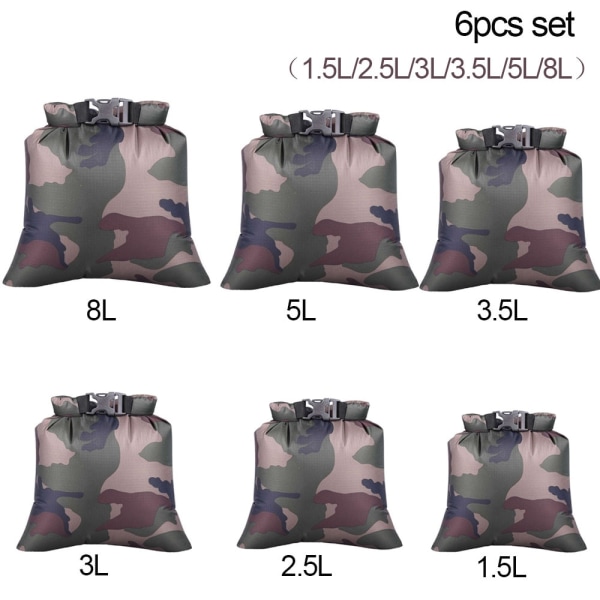 3/6 st set utomhus vattentät väska torrsäck Vattentät torr ryggsäck förvaringspåse för drivande båtliv Flytande kajakpaddling Beach 6pcs camouflage