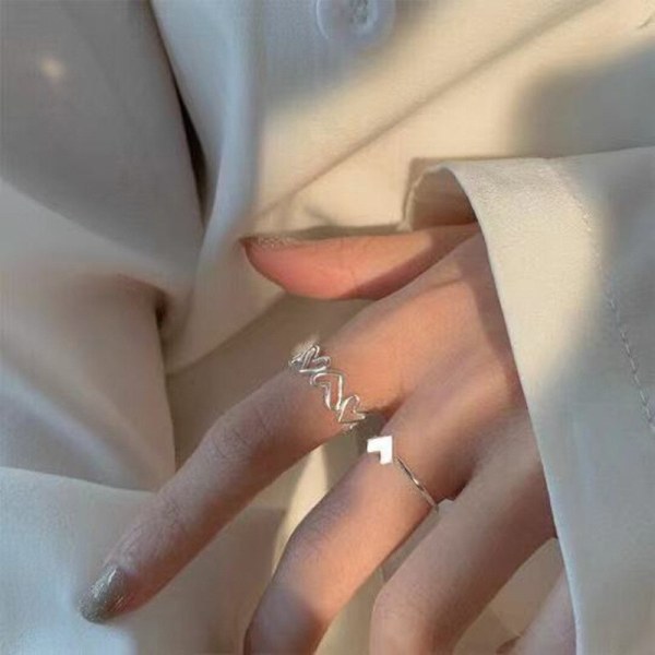 Silverfärg Ihålig hjärtform Öppen Ring Set Design Söt Mode Kärlek Smycken För Kvinnor Tjejpresenter Justerbar födelsedagsfest style3