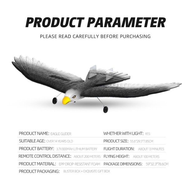 RC Plane Wingspan Eagle Bionic Aircraft Fighter Radio Control Fjärrkontroll Hobby Glider Flygplan Foam Boys Leksaker för pojkar 2CH