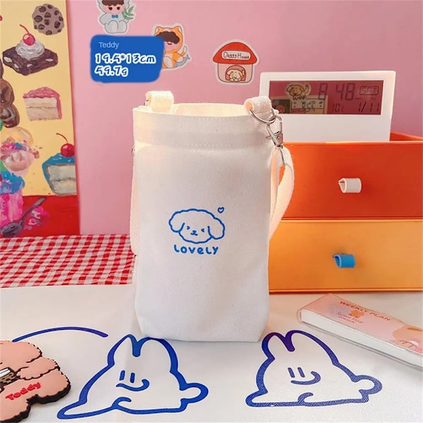 Enkel tecknad bärbar vattenkoppsärm Justerbar axel Crossbody Canvas vattenkoppsväska Resor utomhuskopp tillbehör Teddy