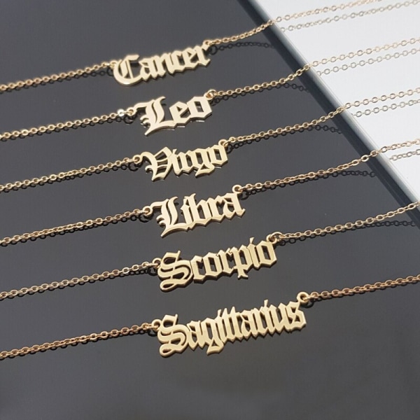 Old English Halsband Tolv Constellation Halsband Födelsedagspresenter Rostfritt stål Smycken Vintage Vågen Leo Skytten Oxen Pisces Platinum Plated
