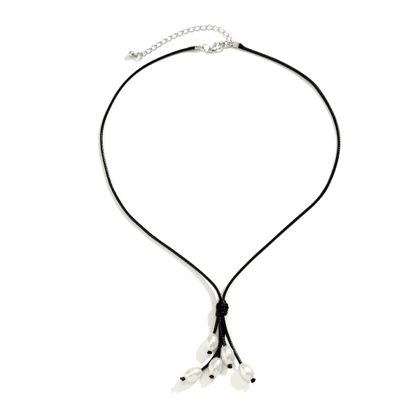 Prydnad Etnisk stil Enkel Wax Line Tofs Halsband Retro Imitation Pearl Långt hänge Halsband för kvinnor Black 5547