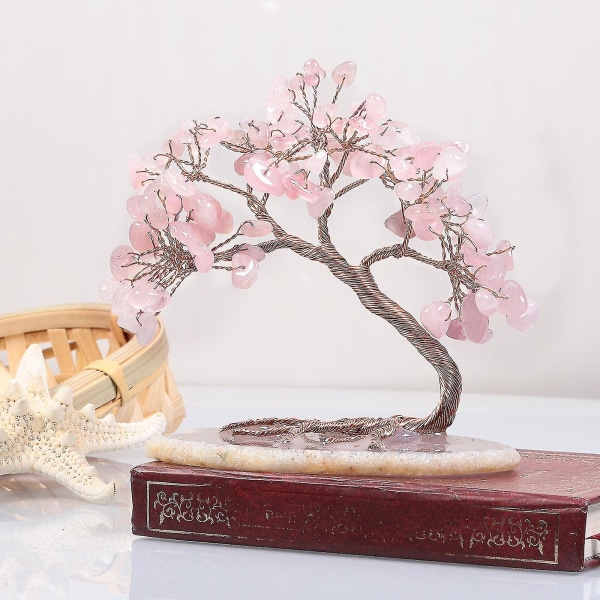 Handgjorda färgade kristallpengarträd för lycka till rikedom hälsa, statyett Bonsai på naturlig agatplatta Pink Crystal