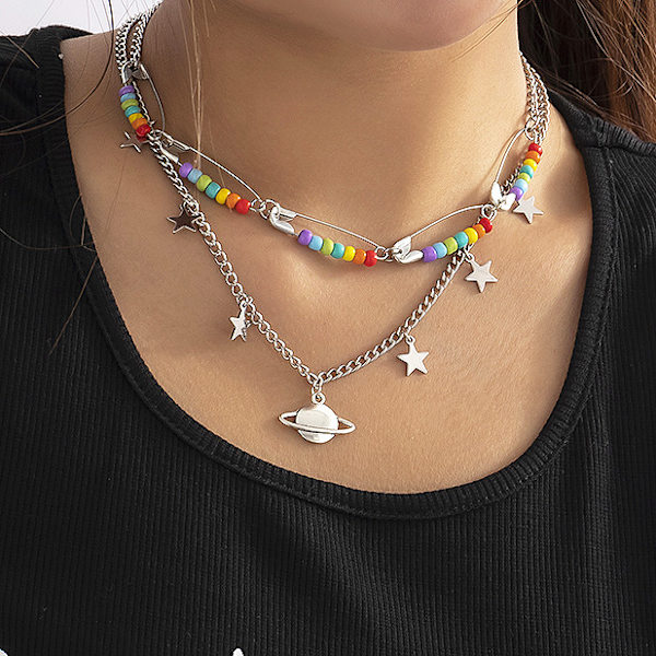 Prydnad Etnisk stil Retro Patchwork Pärlnål Halsband Enkel Planet Tofs Wild Halsband Two White K3511