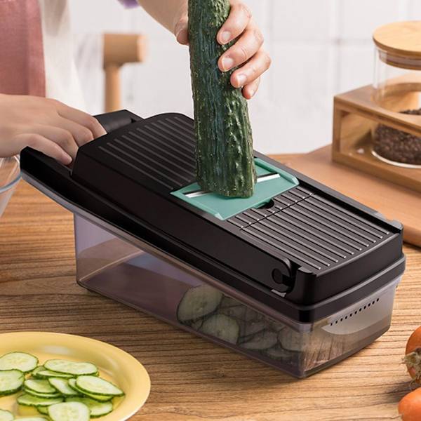 Multifunktion Grönsakshackare 7 blad Grönsaksskärare Lökhackare Skärare Dicer Äggavskiljare Rivjärn Skärare Avloppskorg Green