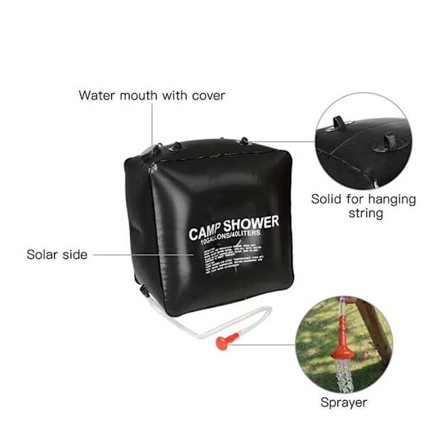 Vattenpåsar 40L Duschhuvud Power Snabbuppvärmning Camping Duschväska Camping Fiske Vandring Vattenförvaringsväska Badväska Black