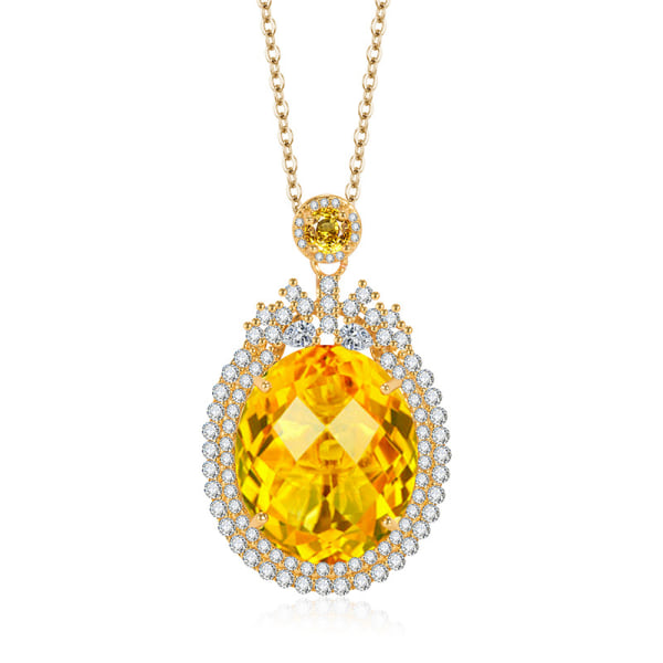 Live Hot Big Diamond Gul Diamant Färgade ädelstenar Hänge Palace Style Lyxig Zirkon Fullt Inläggningar Oval Gem Halsband Yellow Gold Pendant / 45Cm Box Chain