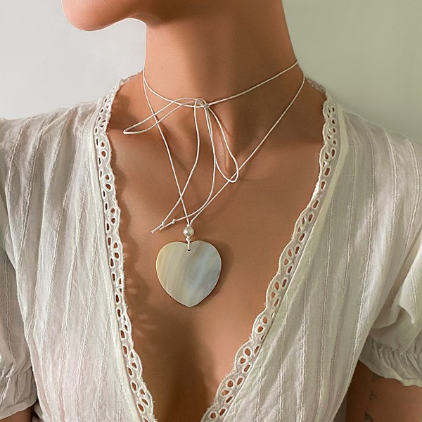 Tropical Beach Wind Drop-Formed Shell Strap Choker Nisch Love Pendant Choker Halsband Sweet Cool Halsband 01 Round White 5863 Wax line