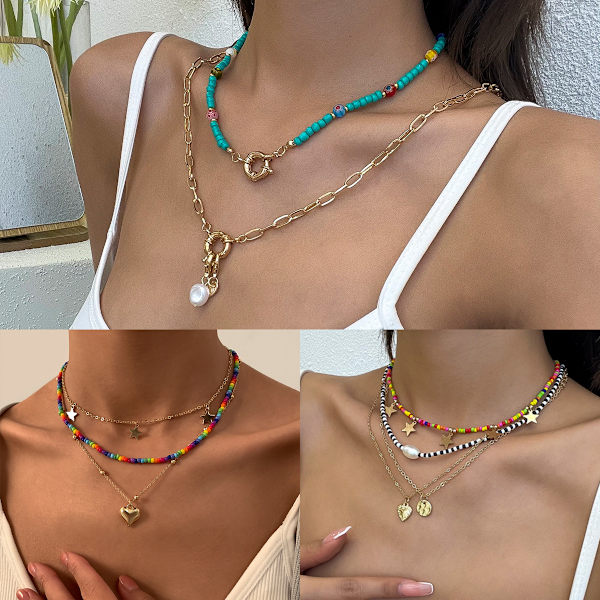 Retro kontrastfärg Risformade pärlor Strängade pärlor Halsband Dam enkel bohemisk tofs handvävt halsband Style 2 Gold 2160