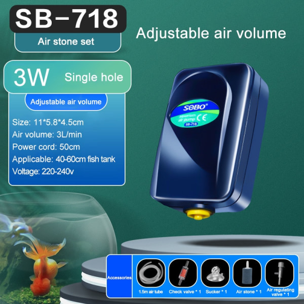 SOBO Silent Aquarium Oxygen Air Pump Fish Tank Adj SB718 air stone set