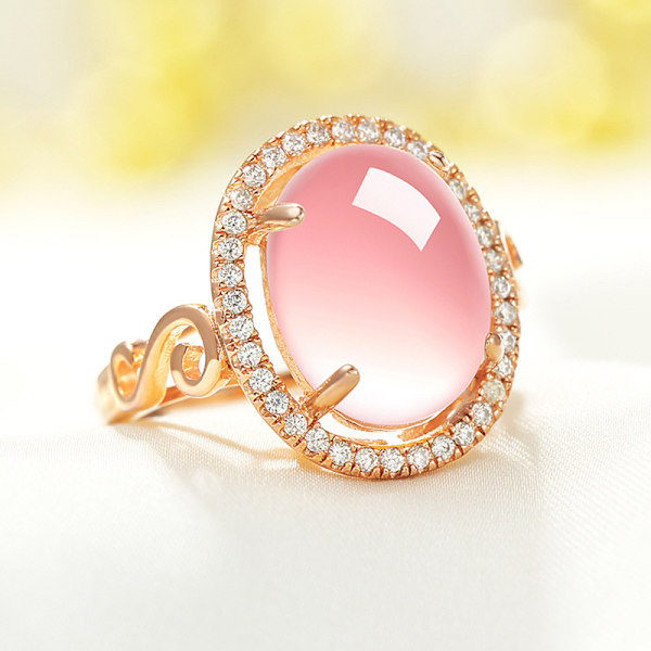 Silverpläterad pulverkristall pärla ring dam roséguld kattöga Hibiscus sten pärla till flickvän present Pink Crystal Ring Opening Adjustable