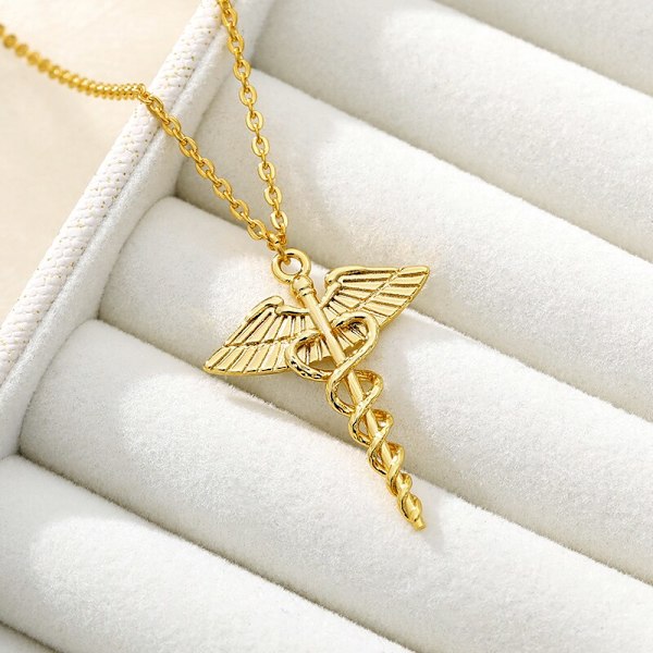 Staff Of Asclepius Halsband Scepter Rostfritt Stål Caduceus Hänge Medicinsk Smycken Läkare Sjuksköterska Examen Presenter Gold-color