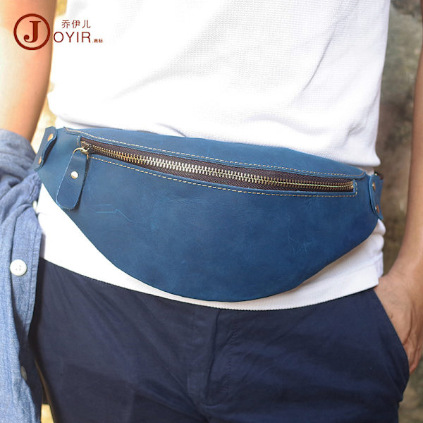 Herrväska Retro Crazy Horse Läderbältesväska Multifunktionell äkta läder Crossbody bröstväska Herr utomhussporttelefon Midjeväska 6549 Blue one size