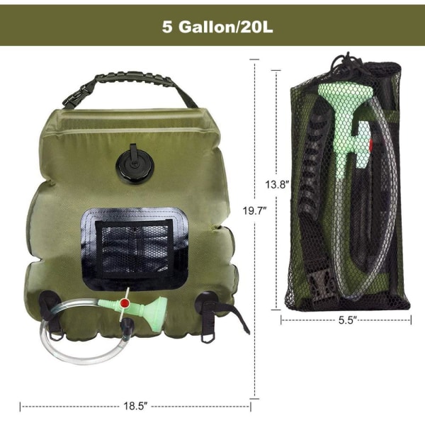 20L utomhusbadväska Solar Vandring Camping Duschväska Bärbar Värme Badvatten Förvaringsväska Slang Bytbar Duschhuvud Black