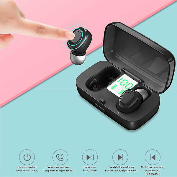 Trådlösa hörsnäckor Bluetooth hörlurar Mini Bluetooth öronsnäckor Super Bass Trådlöst Headset Med LED Power Display Case, Sport In-ear Earbuds W