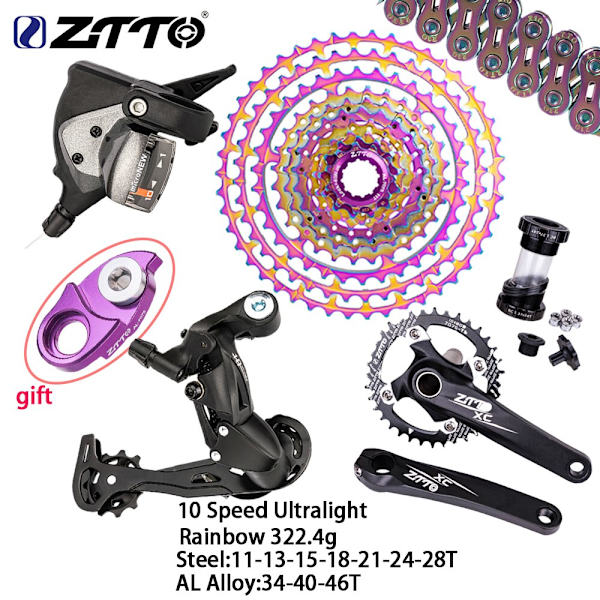 ZTTO Ultralight 10 Speed ​​Shift Set MTB Bike 32/34/36T Kedjehjul Vevsats 11-46/50T Cassette Groupset 1X10 Bakväxel del 10S 46T Rainbow 170mm