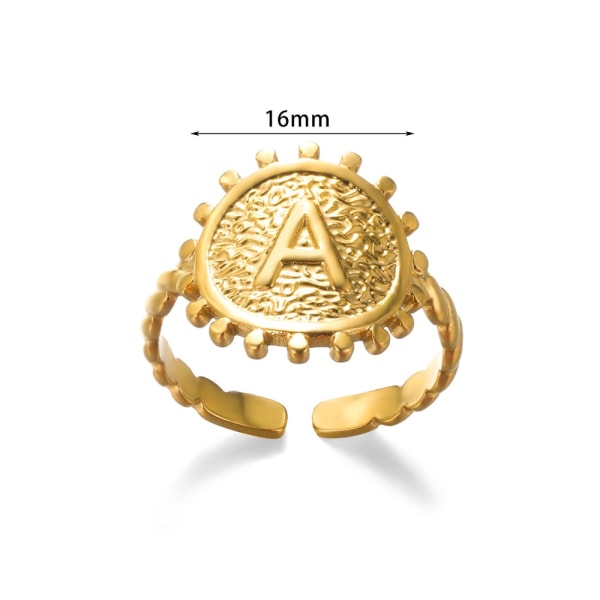 Personlig guldfärg rund skiva initialer Ringar för kvinnor män justerbara bokstäver rostfritt stål fingerringar mode smycken W Resizable