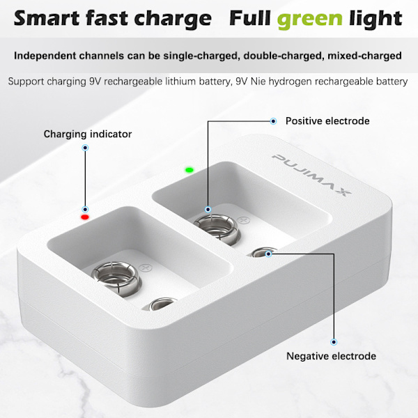 1st 2 platser 9V multifunktions smart snabb batteriladdare med L