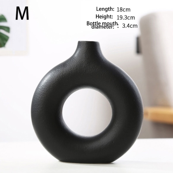 Nordic Round Hollow Keramisk Vas Donut Vase Skrivbordsdekoration Black 18*19.3cm