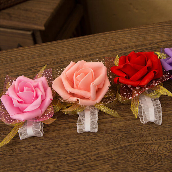 Ny brudtärna Wrist Corsage Bröllopsfest Rose Armband Silk F Pink