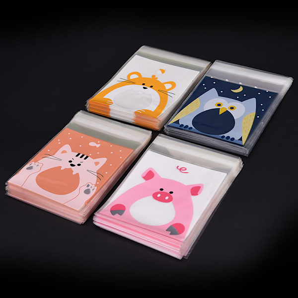 100ST e Djur Godis tårta Förpackningspåsar Självhäftande presenter Pig 10cm*10cm+3cm