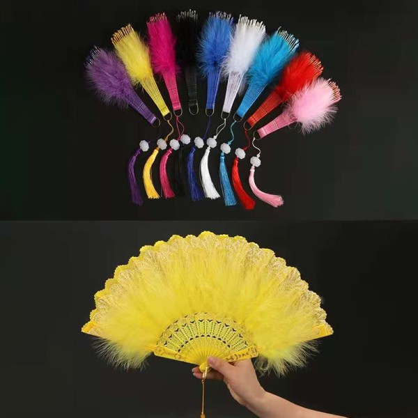Lolita Feather Folding Fan Sweet Fairy Girl Dark Court Dance H Yellow