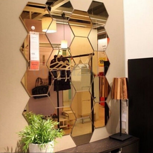 12 st 3D-spegel Hexagon Vinyl Avtagbar väggdekal Hem Gold