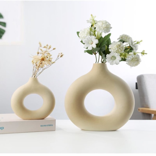 Nordic Round Hollow Keramisk Vas Donut Vase Skrivbordsdekoration White 18*19.3cm