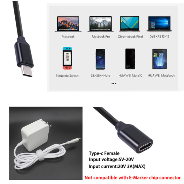 Typ-C hane till hona förlängningskabel 3A 60W USB C typ-c hane A1