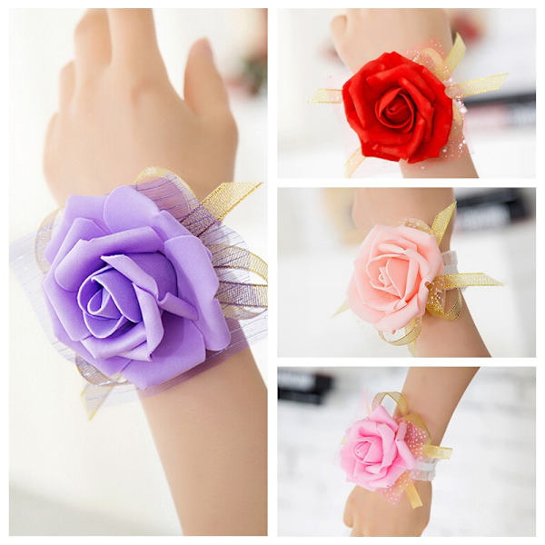 Ny brudtärna Wrist Corsage Bröllopsfest Rose Armband Silk F Pink