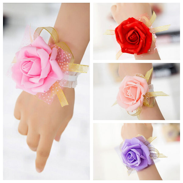 Ny brudtärna Wrist Corsage Bröllopsfest Rose Armband Silk F Purple