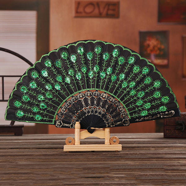 Lolita Feather Folding Fan Sweet Fairy Girl Dark Gothic Court D Green
