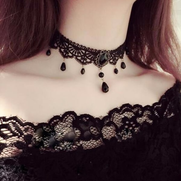 Nya sexiga gotiska Chokers Crystal Black Lace Halsband Vintage Vic A7