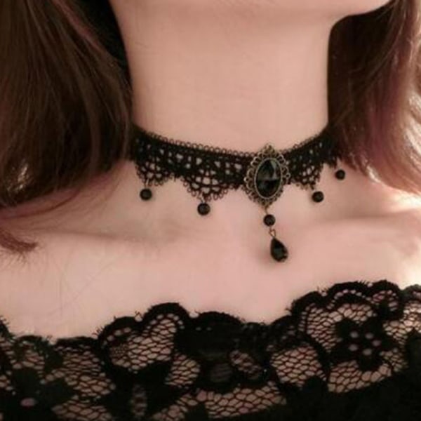 Nya sexiga gotiska Chokers Crystal Black Lace Halsband Vintage Vic A1
