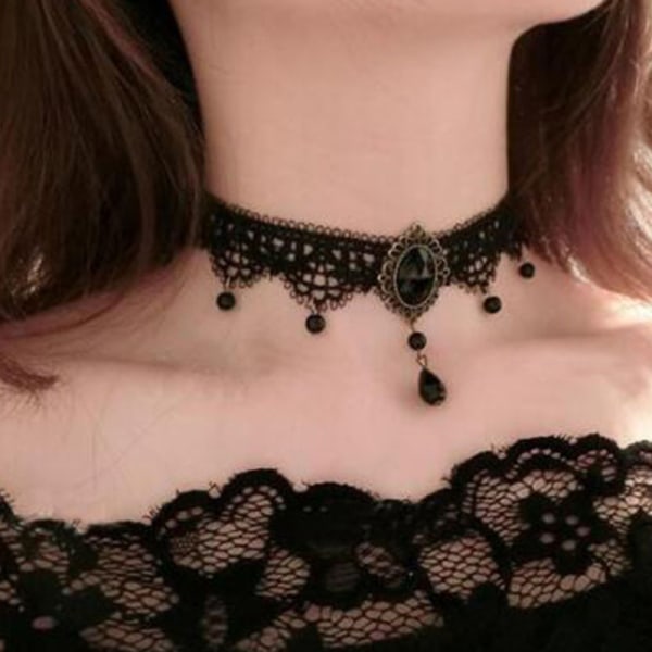 Nya sexiga gotiska Chokers Crystal Black Lace Halsband Vintage Vic A8