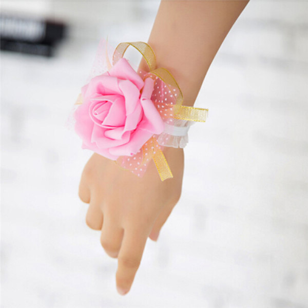 Ny brudtärna Wrist Corsage Bröllopsfest Rose Armband Silk F Pink