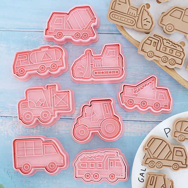 8PCS Engineering Truck Cookie ter Plast 3D Cartoon Pressable