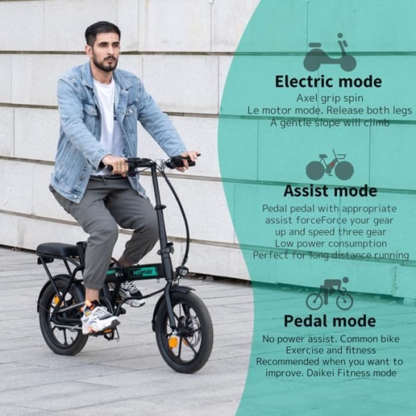 HITWAY 16" City Folding E-Bike Elcykel, 250W motor, autonomi 35-70km, 3 hastigheter Max 25km/h, Pedal Assist, Svart