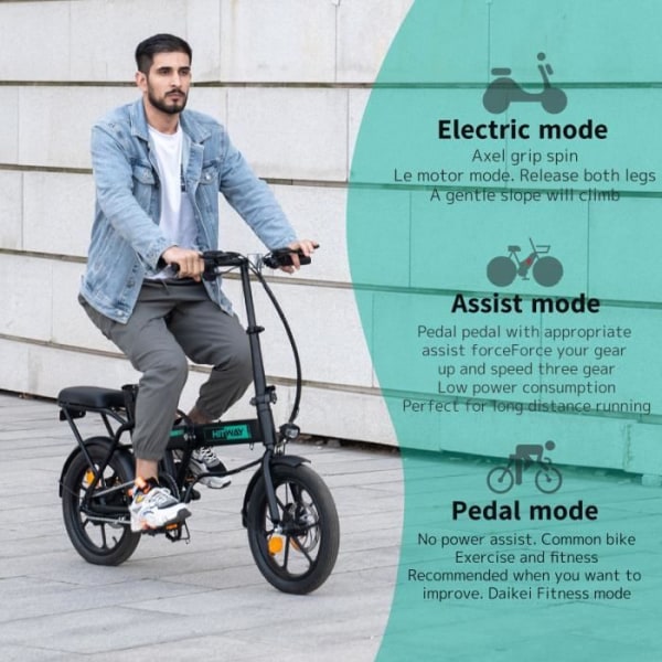 HITWAY 16" City Folding E-Bike Elcykel, 250W motor, autonomi 35-70km, 3 hastigheter Max 25km/h, Pedal Assist, Svart Svart