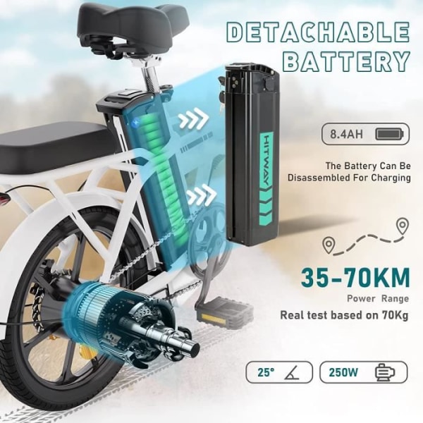 Hitway 16" hopfällbar elcykel - E-cykel för vuxna - 36v/8,4ah batteri - 3 hastigheter Max 25 km/h - Pedalassistent - Vit