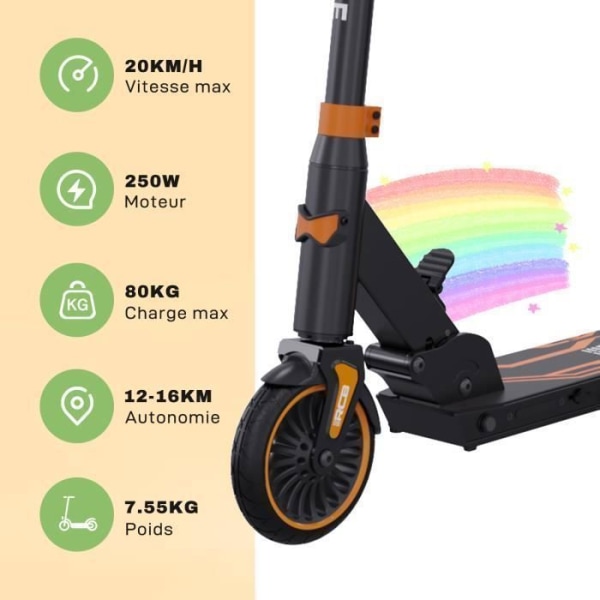 RCB Elektrisk skoter för barn Ålder 8-12-16 år Endast 7,55 kg Hopfällbar justerbar höjd Present för barn och tonåringar Orange Orange