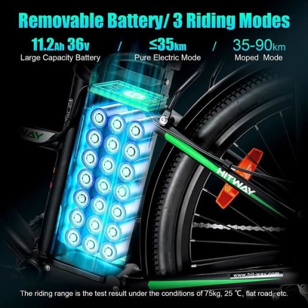 HITWAY Elcykel - E-Bike 26" däck - 250W Motor - Shimano 7 Speed - Avtagbart litiumbatteri 11,2 Ah/36 V - Svart