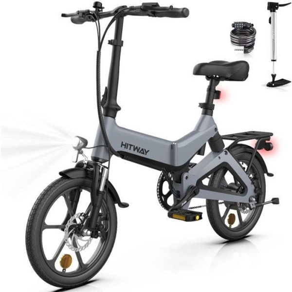 HITWAY Elcykel 16 tum Lättvikts E-cykel 250W elektrisk hopfällbar pedalassistent med 7,8Ah batteri med lås grå
