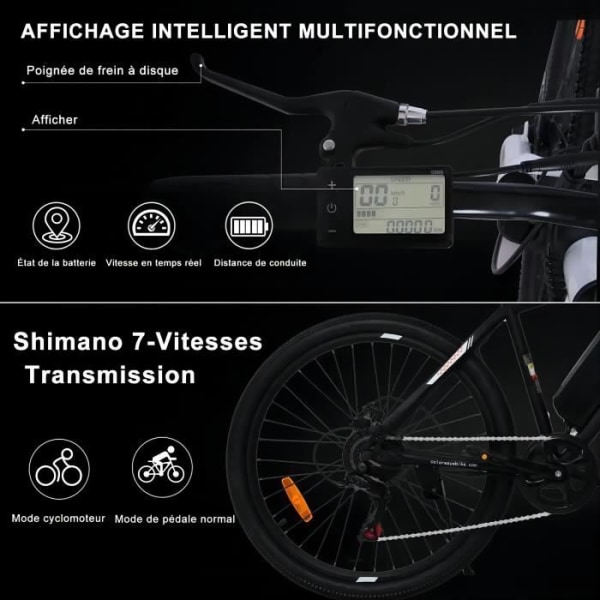 COLORWAY Electric Bike 26" E-Bike - Elektrisk Assistanscykel - Avtagbart 36V 15Ah batteri - Shimano 7 Speeds - Svart