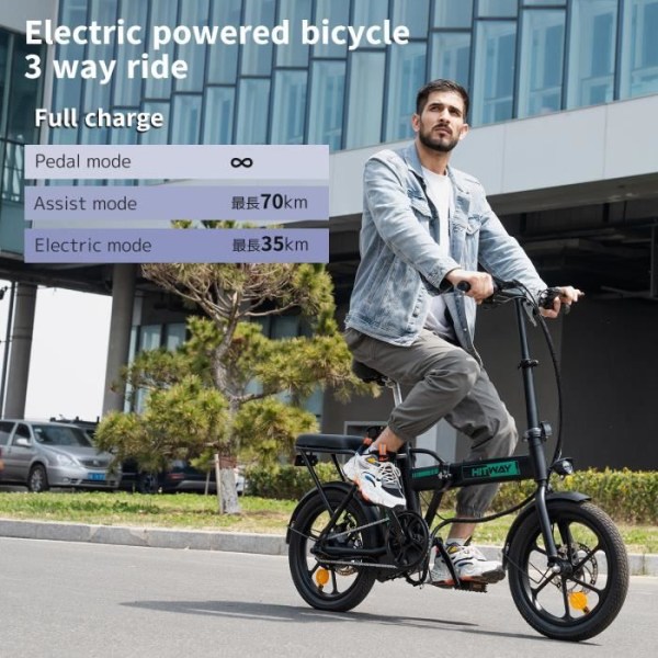 HITWAY 16" City Folding E-Bike Elcykel, 250W motor, autonomi 35-70km, 3 hastigheter Max 25km/h, Pedal Assist, Svart