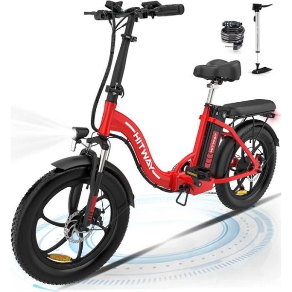 HITWAY 20" elcykel - hopfällbar elcykel för vuxna - 36V/11,2Ah batteri - 250W motor - Räckvidd 35-90 km - Shimano 7 hastigheter - Röd