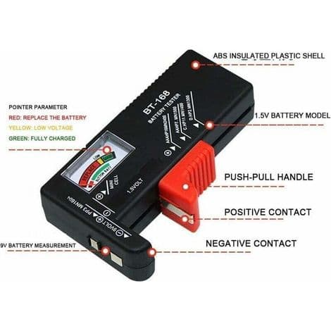 Batteritester, batterispenningsmåler, tester for AA/AAA/C/D/9V/1.5V knappebatterier, universell LCD-skjerm