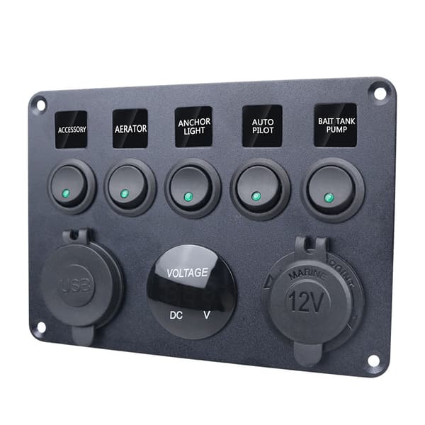 Bryterpanel - 5 brytere, voltmeter, 2 USB-strømuttak Svart+Grønn