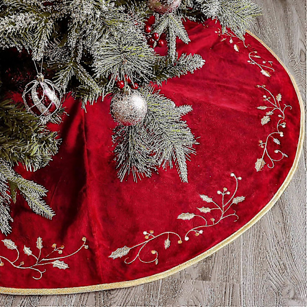 Juletrefot, 122 cm Røde Pelskjørt med Broderte H-Blader For Ric Juletre Rats-YoGo